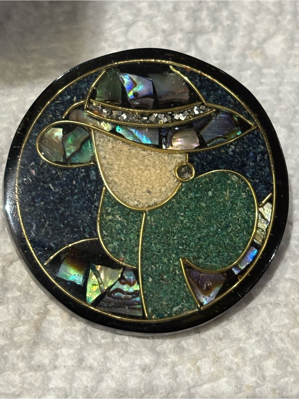Artisan Abalone Shell Mosaic Round Brooch Pin Abstract Crushed Stone Inlay